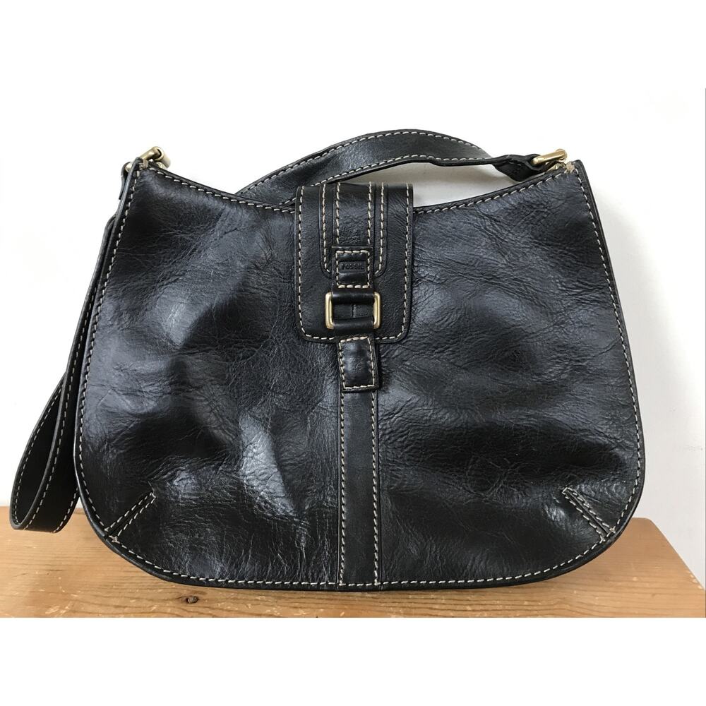 Fossil Soft Black Leather Hobo Hand Shoulder Bag Purse Brass Detail White Stitch